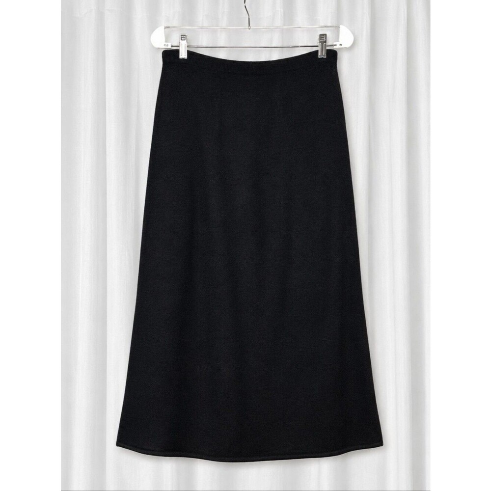 Vintage 80s USA Made Black Knit Pull On A-Line Classic Career Office Midi Skirt